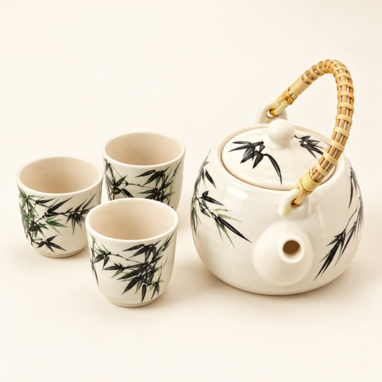 Service à thé motif bambou – Théière et 3 tasses