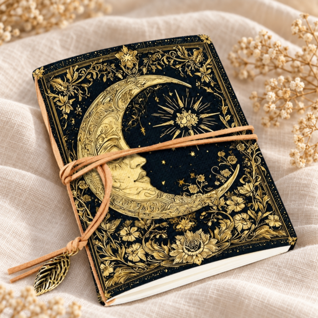 Carnet Lune noir et doré sur lin crème